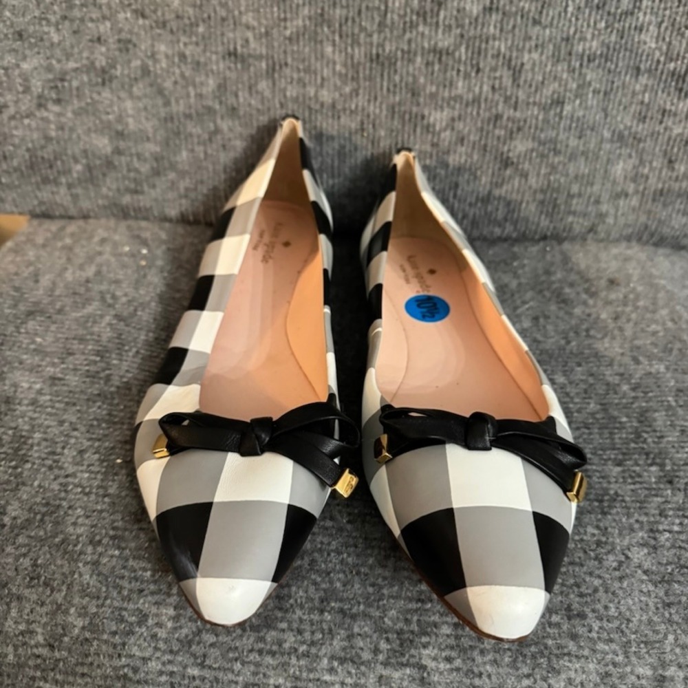 Kate Spade New York Plaid Pointed Toe Ballet Flats Black White Grey Bow 10.5M - Picture 4 of 10